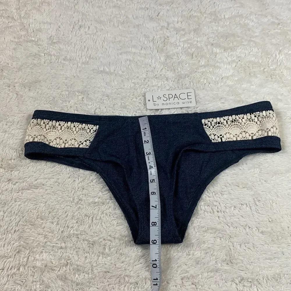 L Space Nanette Dreamer Bitsy Cut denim and crochet bikini bottoms, NWT L